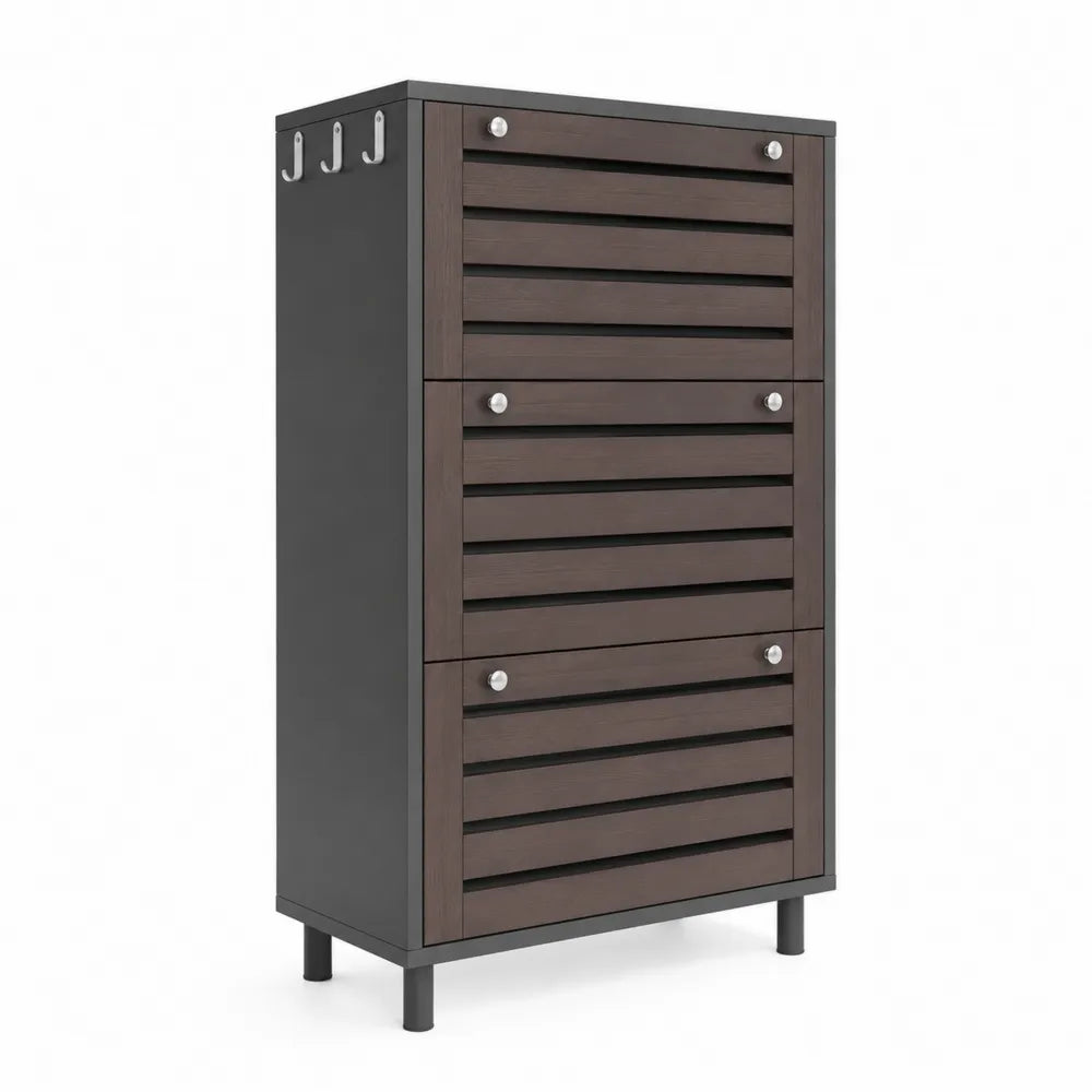 Scarpiera in Legno MDF e Metallo, 3 Ante, 4 Ganci, Marrone e